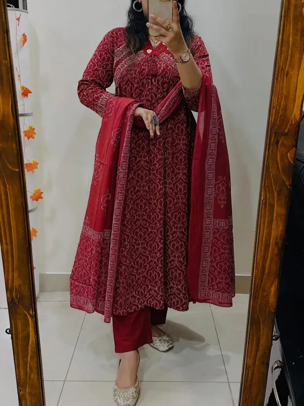 Cotton_Printed_Anarkali_With_Embroidered_Work_Kurta_Pant_Dupatta_Set_For_Women