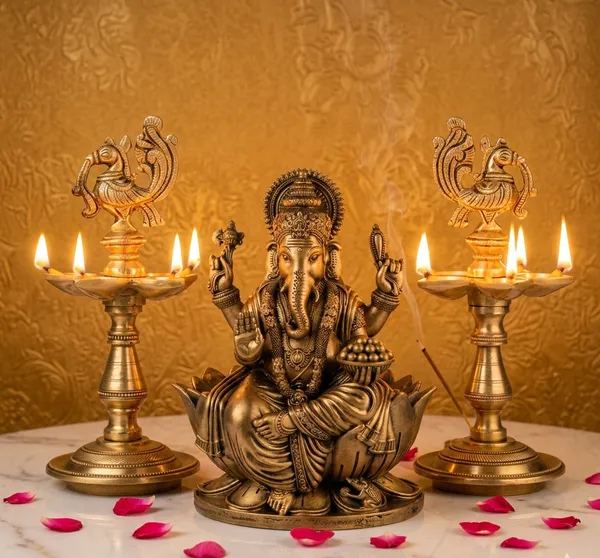 Gold_Traditional_Brass_Peacock_Oil_Lamp_Set_And_Lord_Ganesha_Idol_Pack_Of_2