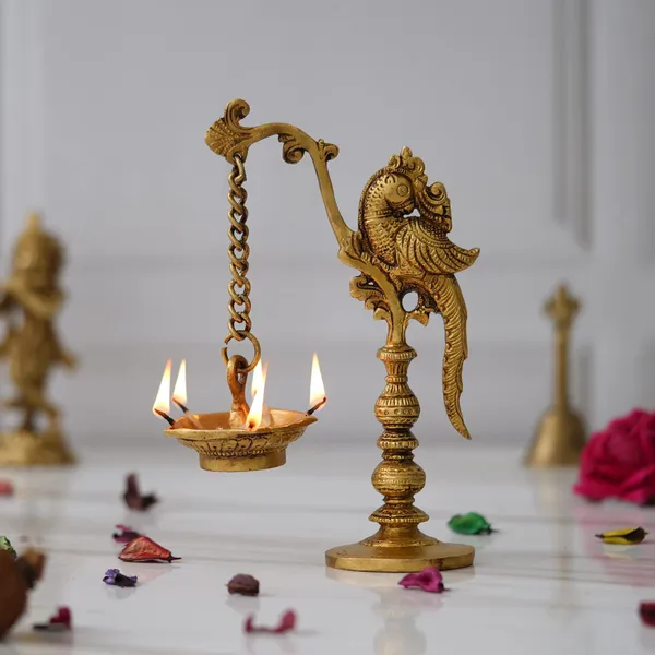 Gold_Traditional_Brass_Incense_Burner_With_Twisted_Handle_And_Parrot_Oil_Lamp_Hanging_Diya_Pack_Of_2