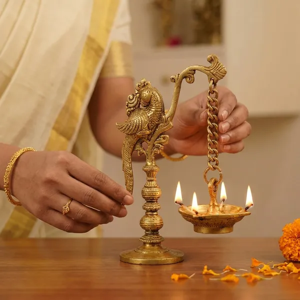 Gold_Traditional_Brass_Incense_Burner_With_Twisted_Handle_And_Parrot_Oil_Lamp_Hanging_Diya_Pack_Of_2
