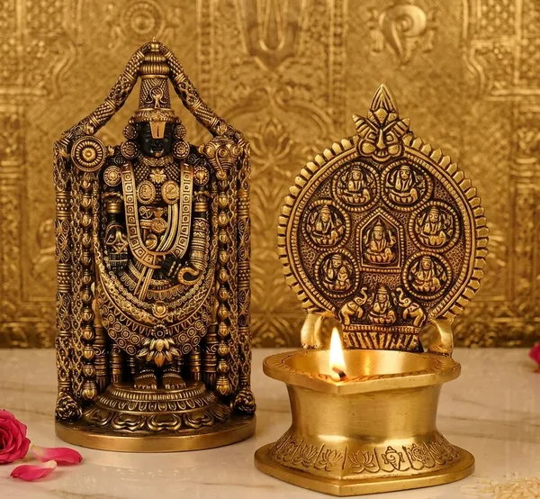 Gold_Brass_Hand_Painted_Hindu_God_Sculpture_Lord_Venkateswara_Swamy_Idol_And_Decorative_Diya_With_Ashtalakshmi_Design_Pack_Of_2