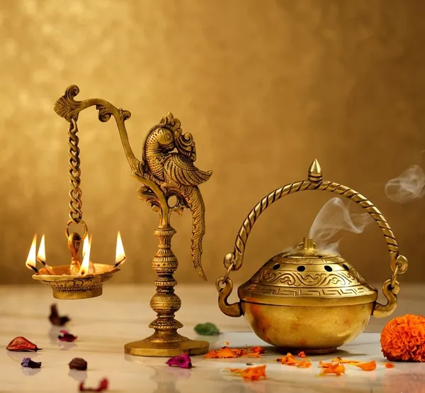 Gold_Traditional_Brass_Incense_Burner_With_Twisted_Handle_And_Parrot_Oil_Lamp_Hanging_Diya_Pack_Of_2