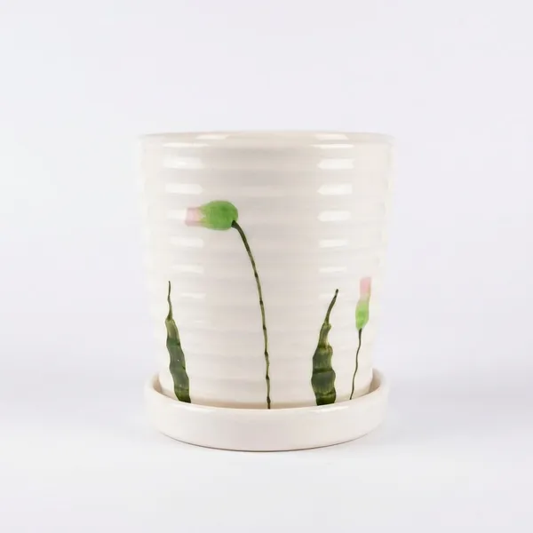 Pure_White_Ribbed_Ceramic_Planter_With_Leaf_Print_For_Home_And_Decor