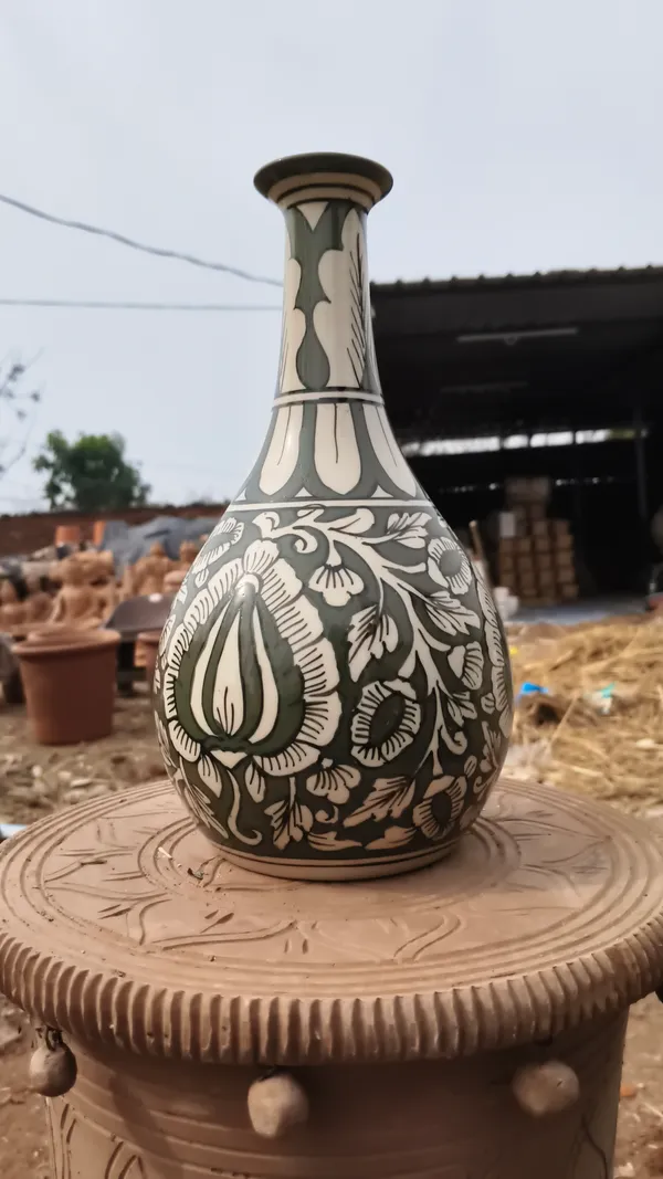 Olive_Green_And_Off_White_Hand_Painted_Floral_Ceramic_Vase_For_Home_Decor