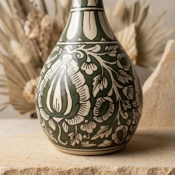 Olive_Green_And_Off_White_Hand_Painted_Floral_Ceramic_Vase_For_Home_Decor