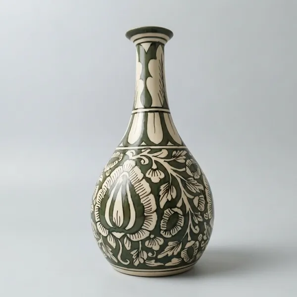 Olive_Green_And_Off_White_Hand_Painted_Floral_Ceramic_Vase_For_Home_Decor