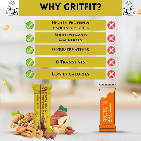 GRITFIT_Choco_Crunch_Protein_Bar_[Pack_of_6]_–_21g_Protein,_15_Vitamins_&_Minerals,_100%_Veg,_No_Preservatives,_No_Cholesterol_or_Trans_Fats,_60g_Each_–_Energy_&_Immunity_Boosting_Sports_Nutrition