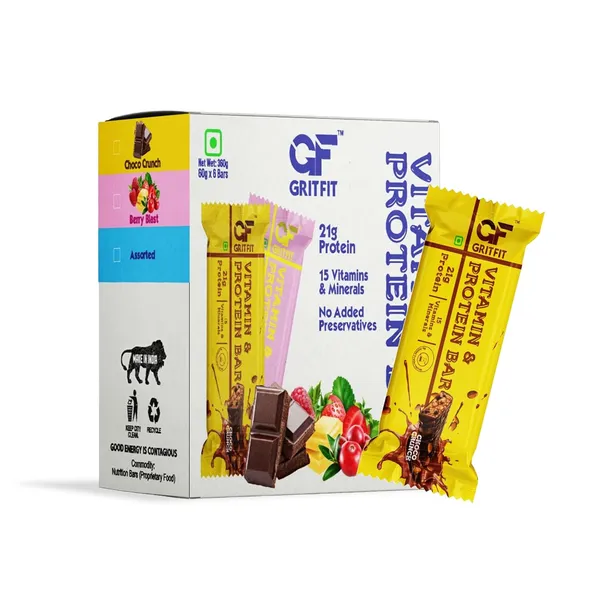 GRITFIT_Choco_Crunch_Protein_Bar_[Pack_of_6]_–_21g_Protein,_15_Vitamins_&_Minerals,_100%_Veg,_No_Preservatives,_No_Cholesterol_or_Trans_Fats,_60g_Each_–_Energy_&_Immunity_Boosting_Sports_Nutrition