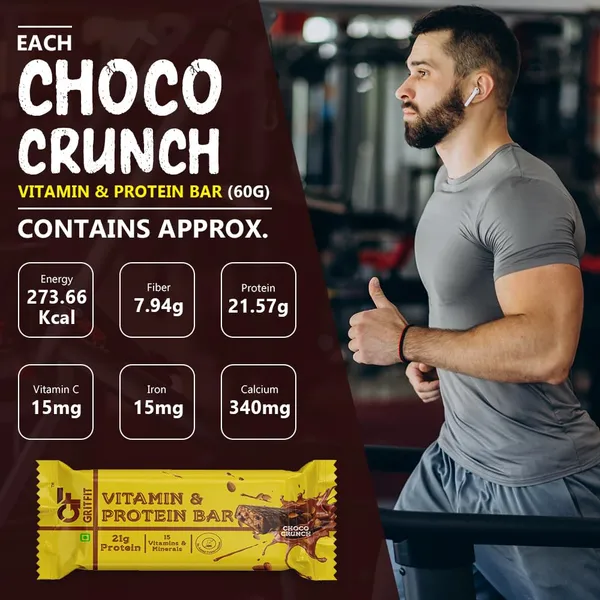 GRITFIT_Choco_Crunch_Protein_Bar_[Pack_of_6]_–_21g_Protein,_15_Vitamins_&_Minerals,_100%_Veg,_No_Preservatives,_No_Cholesterol_or_Trans_Fats,_60g_Each_–_Energy_&_Immunity_Boosting_Sports_Nutrition