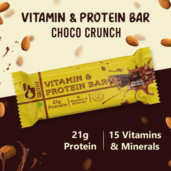 GRITFIT_Choco_Crunch_Protein_Bar_[Pack_of_6]_–_21g_Protein,_15_Vitamins_&_Minerals,_100%_Veg,_No_Preservatives,_No_Cholesterol_or_Trans_Fats,_60g_Each_–_Energy_&_Immunity_Boosting_Sports_Nutrition