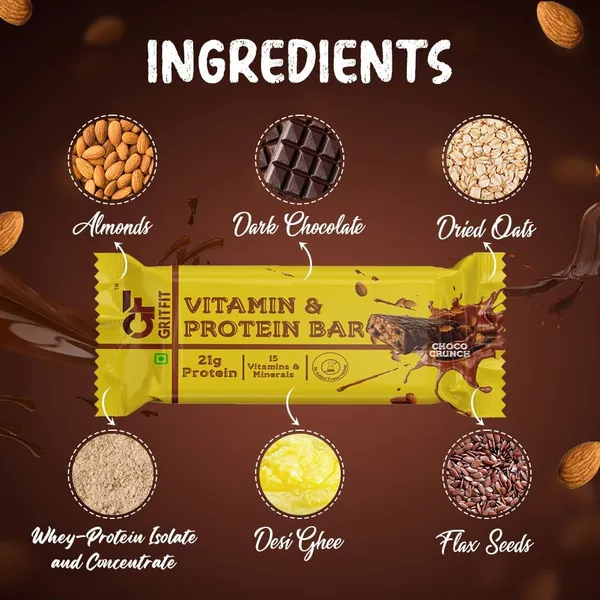 GRITFIT_Choco_Crunch_Protein_Bar_[Pack_of_6]_–_21g_Protein,_15_Vitamins_&_Minerals,_100%_Veg,_No_Preservatives,_No_Cholesterol_or_Trans_Fats,_60g_Each_–_Energy_&_Immunity_Boosting_Sports_Nutrition