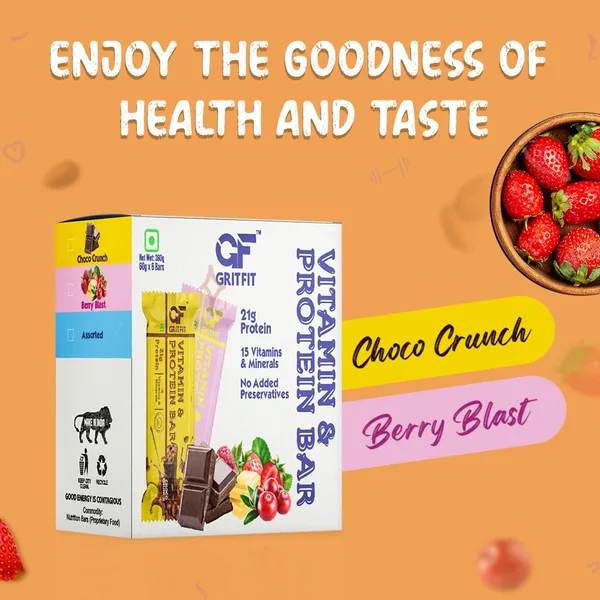 GRITFIT_Vitamin_&_Protein_Bar_Variety_Pack,_360g_(60g_Protein_Bar),_Berry_Blast_x3,_Choco_Crunch_x3,_No_Preservatives,_100%_Veg