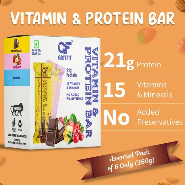 GRITFIT_Vitamin_&_Protein_Bar_Variety_Pack,_360g_(60g_Protein_Bar),_Berry_Blast_x3,_Choco_Crunch_x3,_No_Preservatives,_100%_Veg