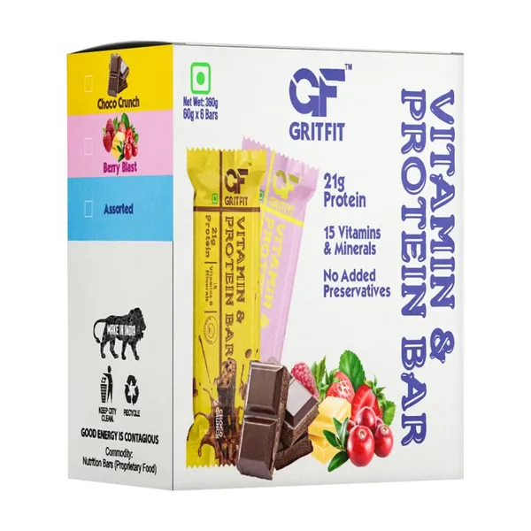 GRITFIT_Vitamin_&_Protein_Bar_Variety_Pack,_360g_(60g_Protein_Bar),_Berry_Blast_x3,_Choco_Crunch_x3,_No_Preservatives,_100%_Veg