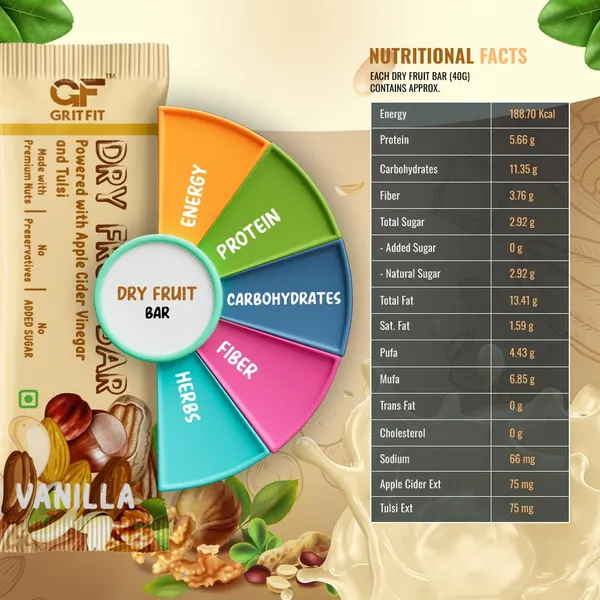 GRITFIT_Superfood_40_grams_Dry_Fruit_Vanilla_Bar_[Pack_of_6],_5.66g_Protein_&_3.76g_Fiber_Per_Bar,_Nutrient-Packed_Snack,_No_Added_Sugar,_Preservatives_or_Trans_Fats,_Cholesterol_Free_100%_Veg_for_Energy_&_Immunity