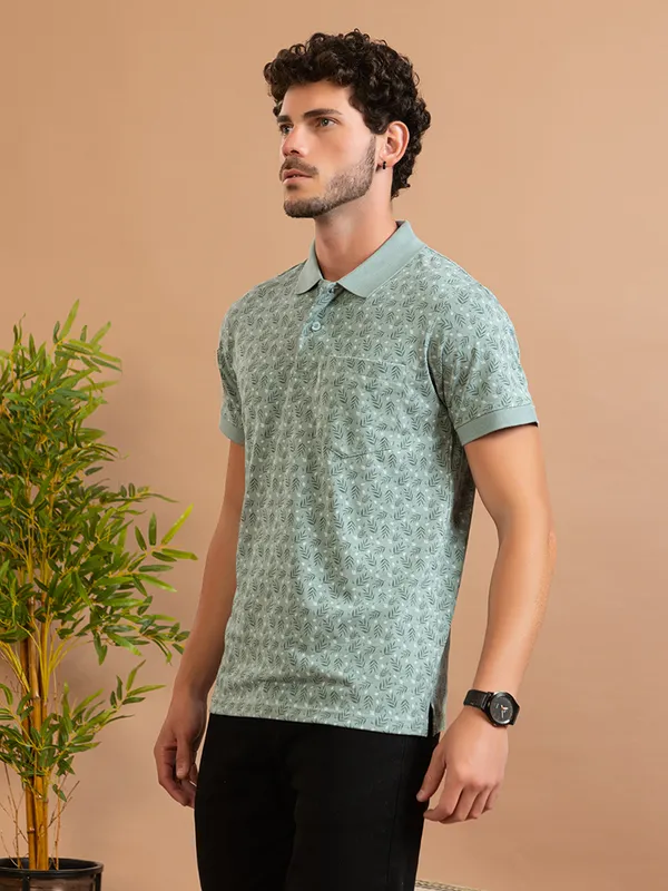 Green_Cotton_Floral_Print_Polo