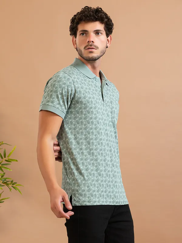 Green_Cotton_Floral_Print_Polo