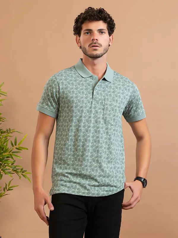 Green_Cotton_Floral_Print_Polo