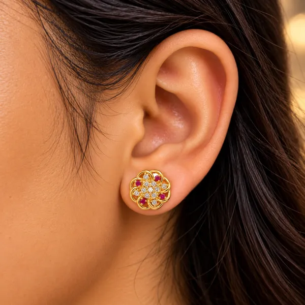 Gold_Tone_Floral_Cufflinks_With_Red_And_Clear_Stones