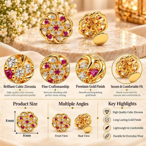 Gold_Tone_Floral_Cufflinks_With_Red_And_Clear_Stones