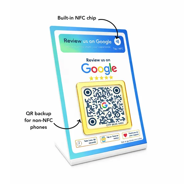 NFC_4×6_Google_Review_Standee_+_NFC_Review_Card_+_QR_Keychain_Combo_|_Lifetime_|_Editable_Anytime_(3_Items)