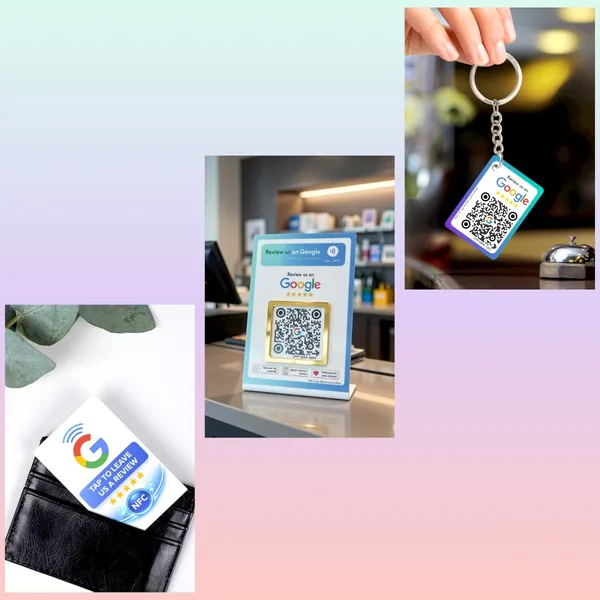 NFC_4×6_Google_Review_Standee_+_NFC_Review_Card_+_QR_Keychain_Combo_|_Lifetime_|_Editable_Anytime_(3_Items)