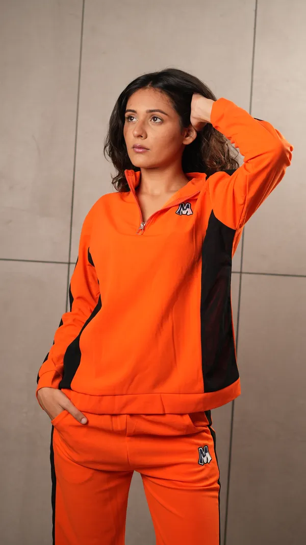 Orange_Polyester_Blend_Track_Suit_Set_For_Women