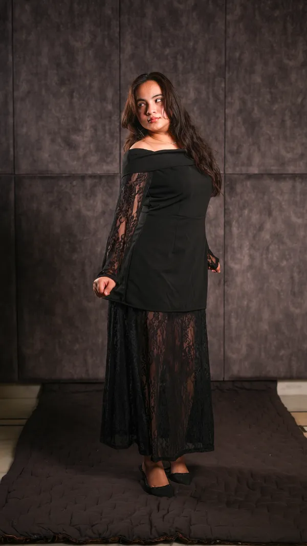 Black_Lace_Polyester_Off_Shoulder_Dress_For_Women