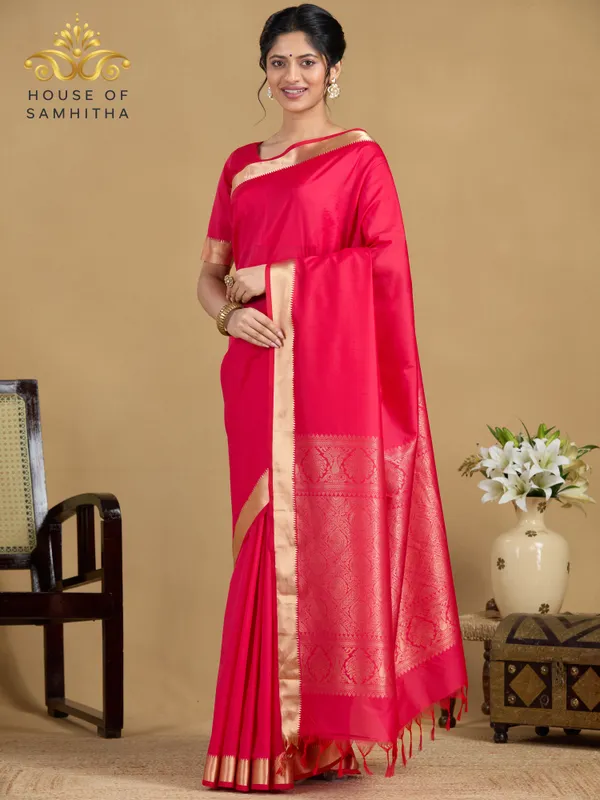 Radiant_Rani_Pink_Saree_With_Traditional_Gold_Zari_Border_|_Semi_Kanchi_Pattu
