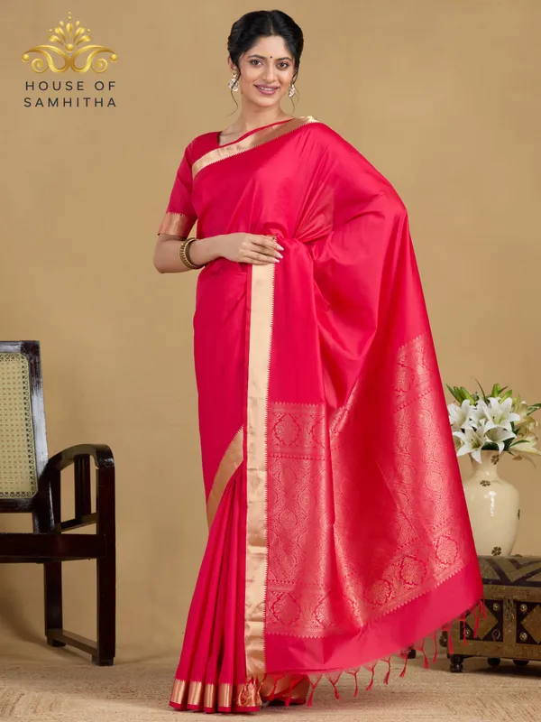 Radiant_Rani_Pink_Saree_With_Traditional_Gold_Zari_Border_|_Semi_Kanchi_Pattu