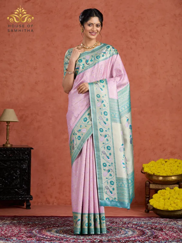 Pastel_Pink_Semi-Kanchi_Art_Silk_Saree_With_Sea_Green_Peacock_Zari_Border