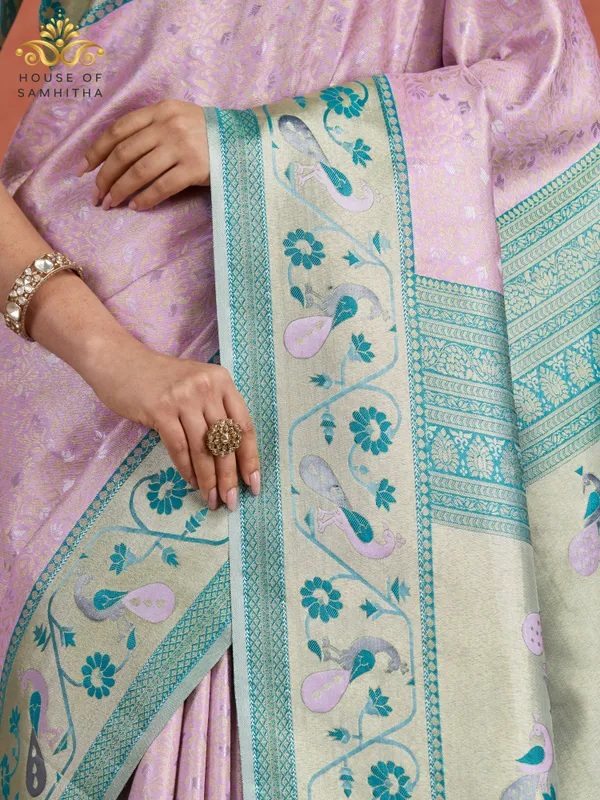 Pastel_Pink_Semi-Kanchi_Art_Silk_Saree_With_Sea_Green_Peacock_Zari_Border