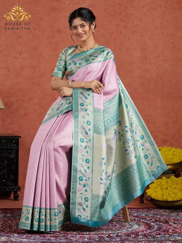 Pastel_Pink_Semi-Kanchi_Art_Silk_Saree_With_Sea_Green_Peacock_Zari_Border