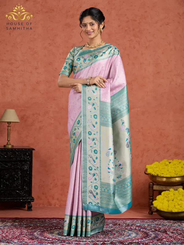 Pastel_Pink_Semi-Kanchi_Art_Silk_Saree_With_Sea_Green_Peacock_Zari_Border