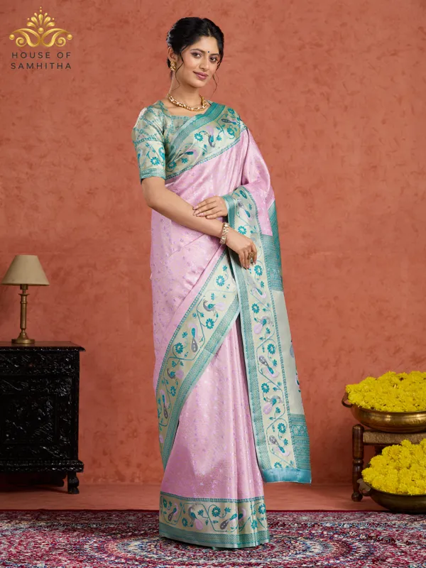 Pastel_Pink_Semi-Kanchi_Art_Silk_Saree_With_Sea_Green_Peacock_Zari_Border