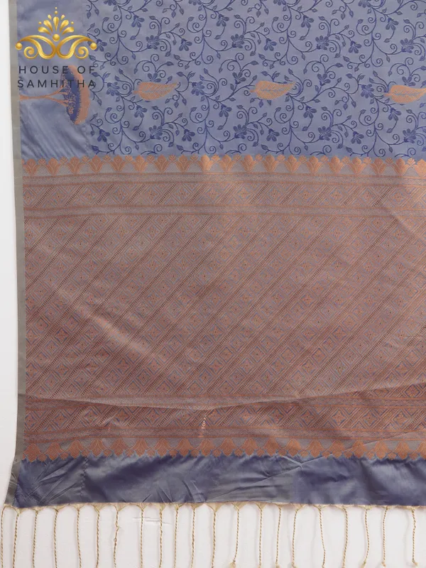 Steel_Blue_Semi-Soft_Silk_Saree_With_Copper_Tree_Buttas_&_Intricate_Geometric_Pallu