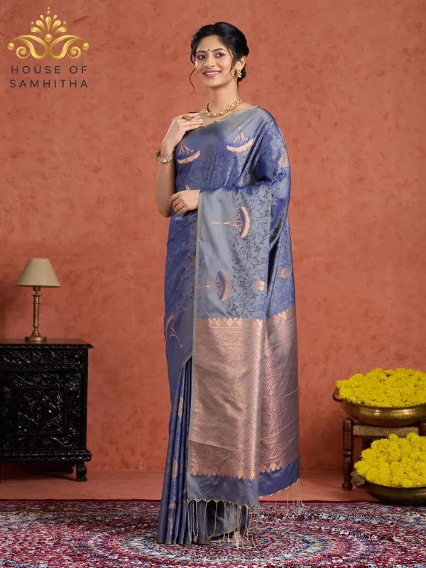 Steel_Blue_Semi-Soft_Silk_Saree_With_Copper_Tree_Buttas_&_Intricate_Geometric_Pallu