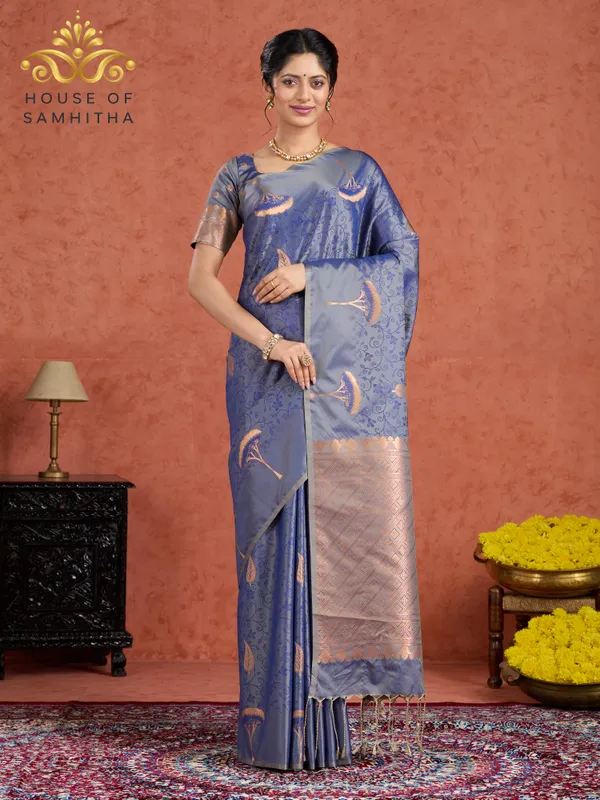 Steel_Blue_Semi-Soft_Silk_Saree_With_Copper_Tree_Buttas_&_Intricate_Geometric_Pallu