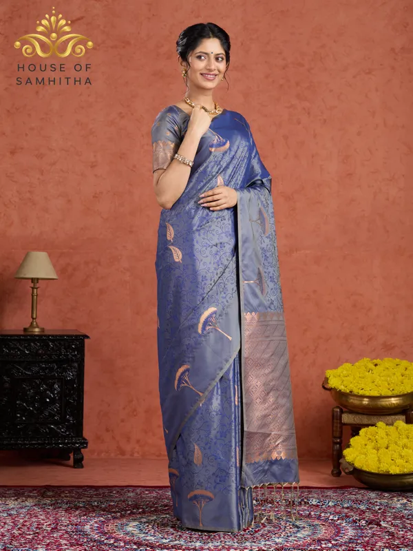 Steel_Blue_Semi-Soft_Silk_Saree_With_Copper_Tree_Buttas_&_Intricate_Geometric_Pallu