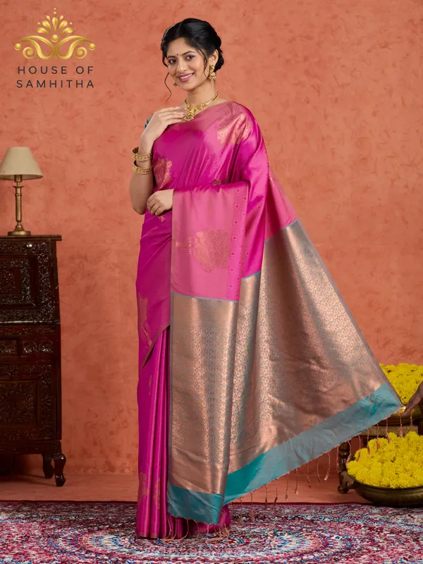 Pink_Semi-Soft_Silk_Saree_With_Antique_Gold_Mandap_Buttas_&_Peacock_Green_Border