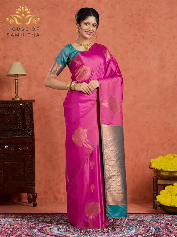 Pink_Semi-Soft_Silk_Saree_With_Antique_Gold_Mandap_Buttas_&_Peacock_Green_Border