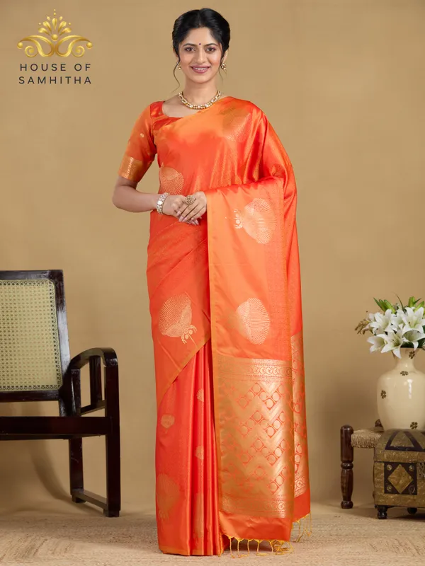 Radiant_Orange_Semi-Soft_Silk_Saree_With_Antique_Gold_Floral_Tree_Buttas