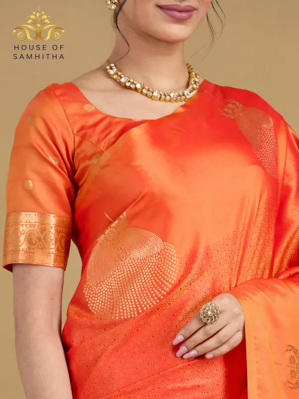Radiant_Orange_Semi-Soft_Silk_Saree_With_Antique_Gold_Floral_Tree_Buttas