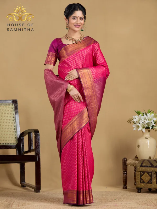 Exquisite_Pink_Tissue_Brocade_Semi-Kanchi_Pattu_Saree_With_Contrast_Magenta_Zari_Border