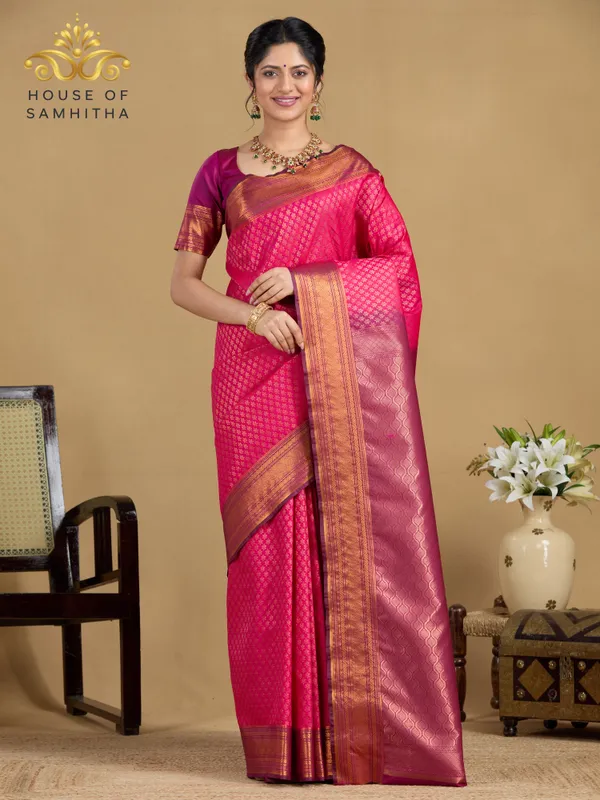 Exquisite_Pink_Tissue_Brocade_Semi-Kanchi_Pattu_Saree_With_Contrast_Magenta_Zari_Border