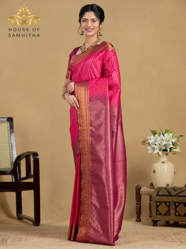 Exquisite_Pink_Tissue_Brocade_Semi-Kanchi_Pattu_Saree_With_Contrast_Magenta_Zari_Border