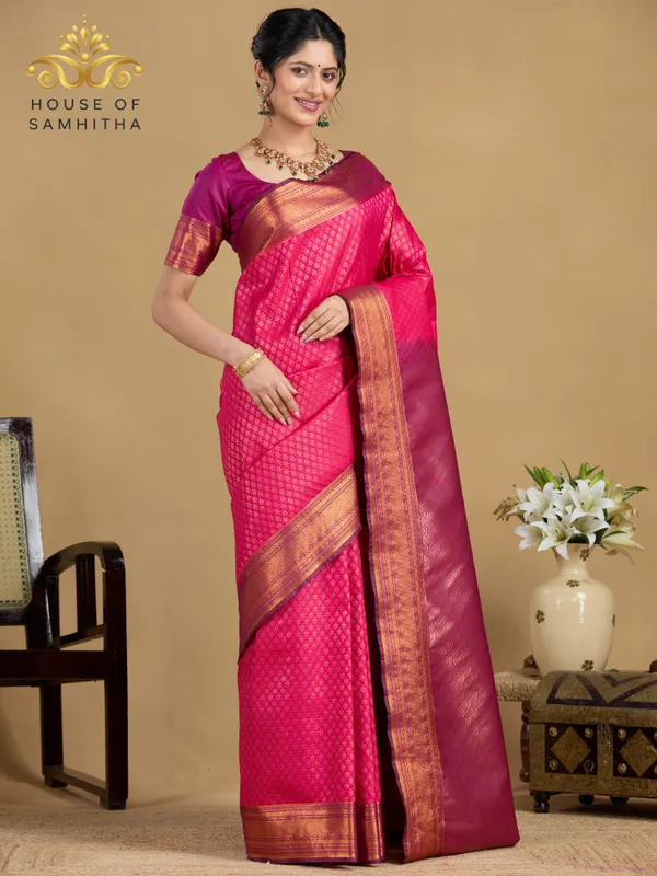 Exquisite_Pink_Tissue_Brocade_Semi-Kanchi_Pattu_Saree_With_Contrast_Magenta_Zari_Border