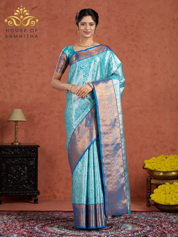 Aqua_Blue_Tissue_Brocade_Semi-Kanchi_Pattu_Saree_With_Royal_Blue_Contrast_Border