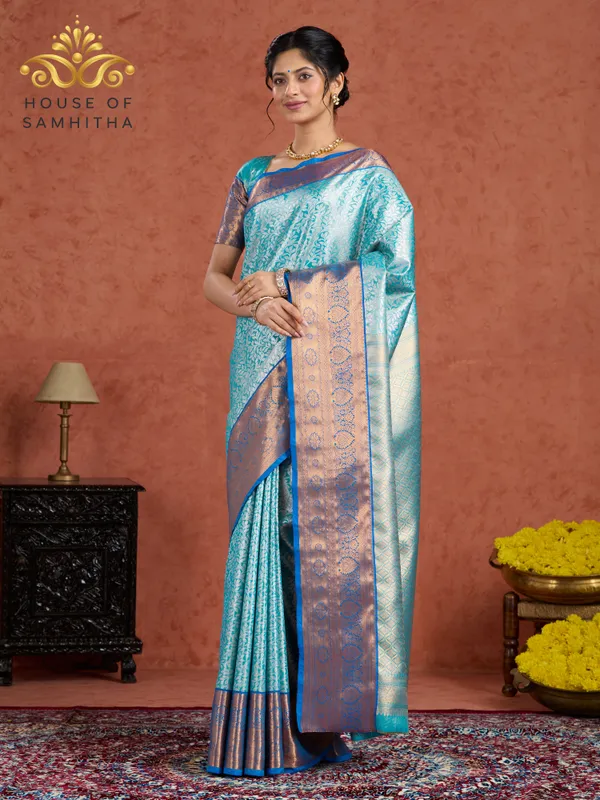 Aqua_Blue_Tissue_Brocade_Semi-Kanchi_Pattu_Saree_With_Royal_Blue_Contrast_Border