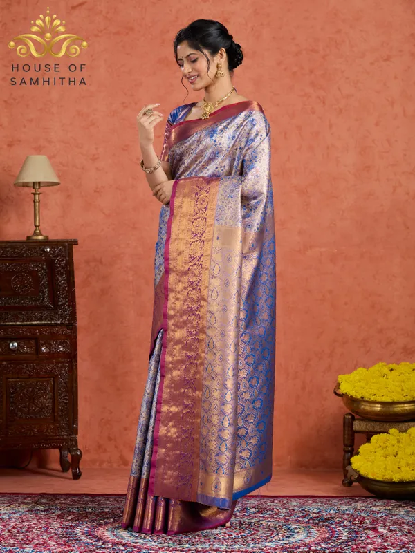 Cobalt_Blue_Tissue_Brocade_Semi-Kanchi_Pattu_Saree_With_Majestic_Lavender_Contrast_Border